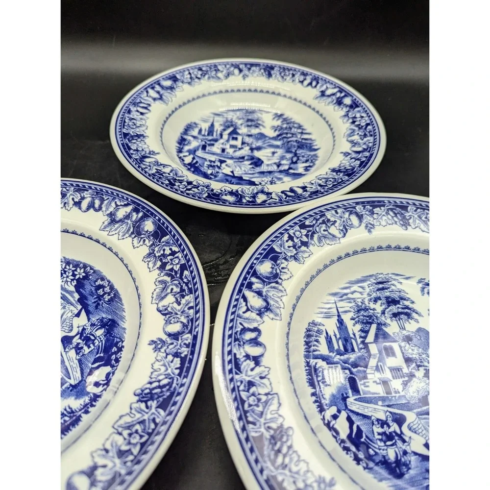 Italian Porcelain Blue & White Transfer Rim Soup Bowls Village Scene Set/3 Italy